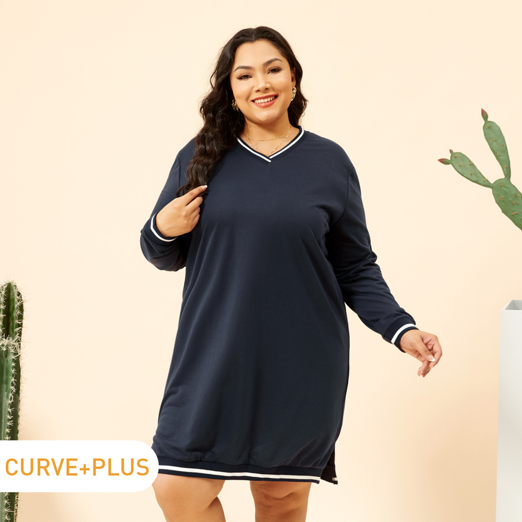 

Women Plus Size Casual V Neck Striped Slit Midi Pullover Sweatshirt Dress