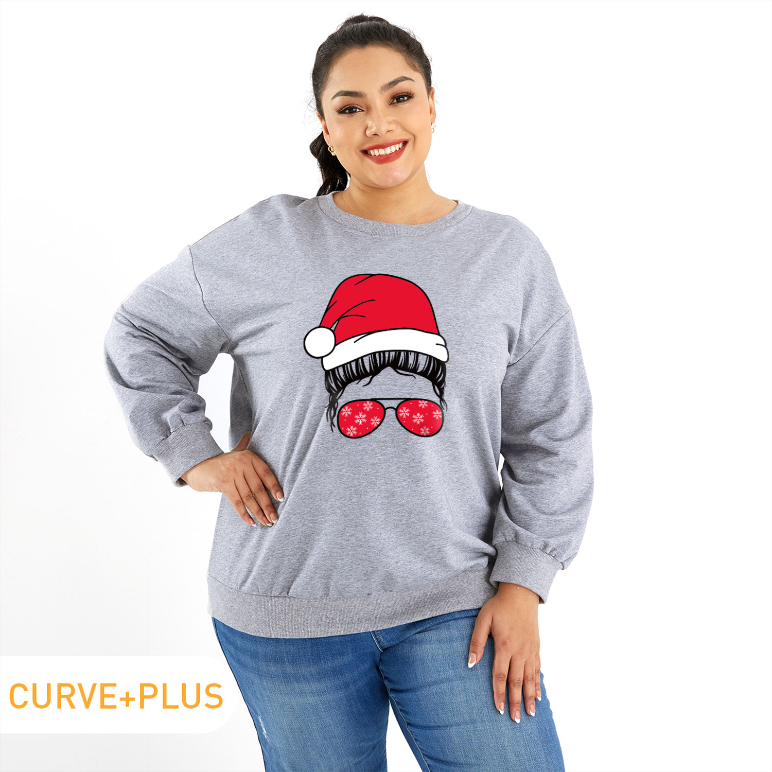 

Christmas Women Plus Size Graphic Portrait Print Round Neck Long-sleeve Pullover