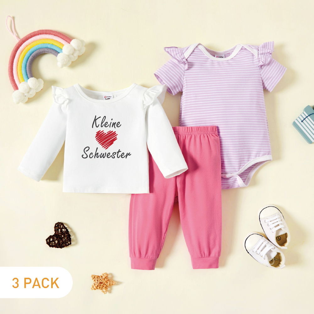 

3-Pack Baby Graphic & Striped Ruffled Romper Tee Pants Set