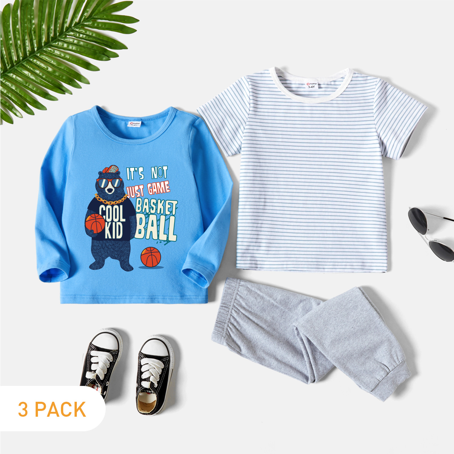 

3-Pack Toddler Graphics Letter and Bear Print Long-sleeve Tee & Striped Short-sleeve Tee & Pants Set