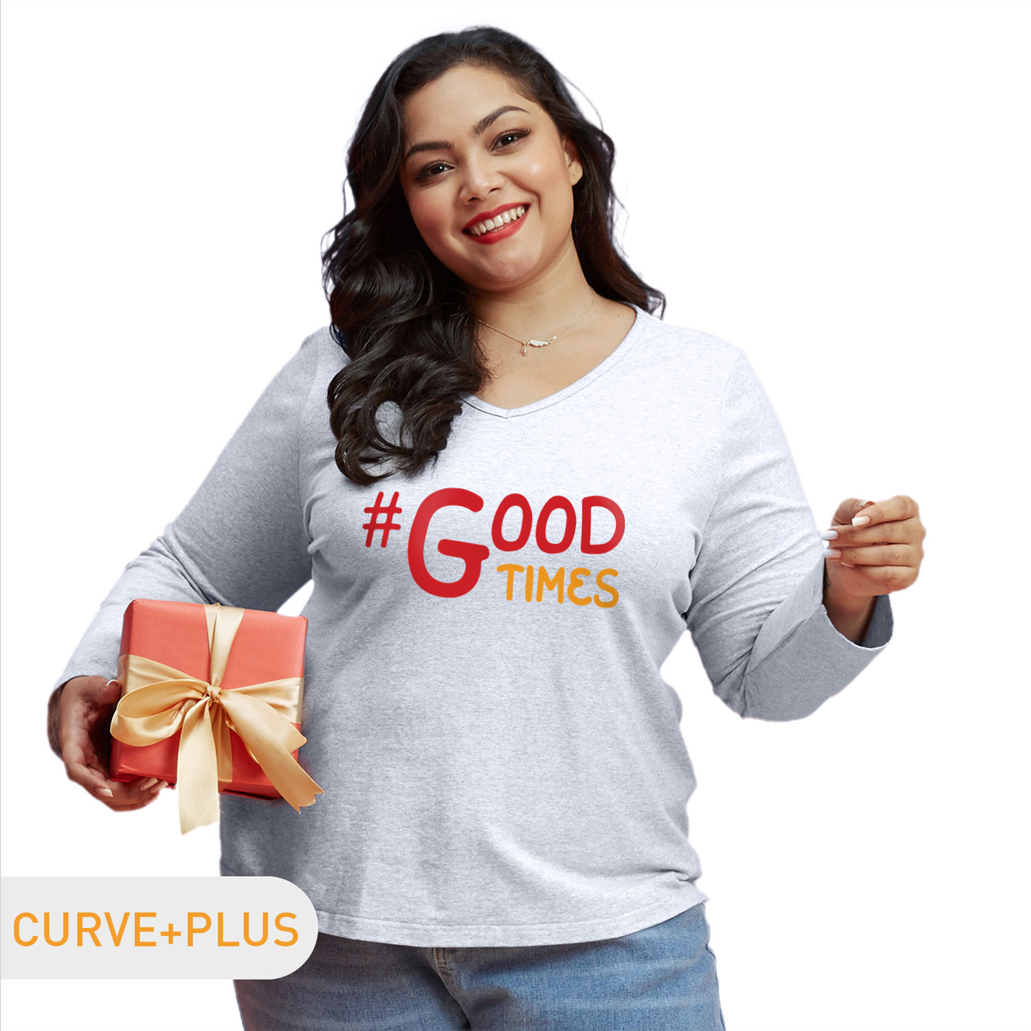 

Women Plus Size Graphic Letter Print V Neck Long-sleeve Tee