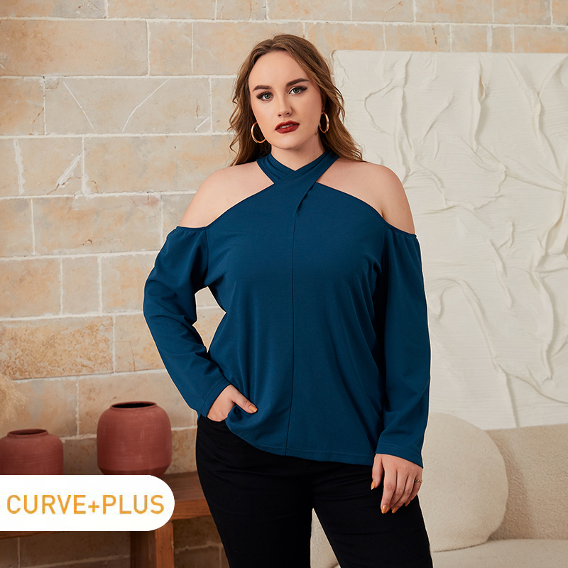 

Women Plus Size Elegant Cold Shoulder Long-sleeve Halter Blouse