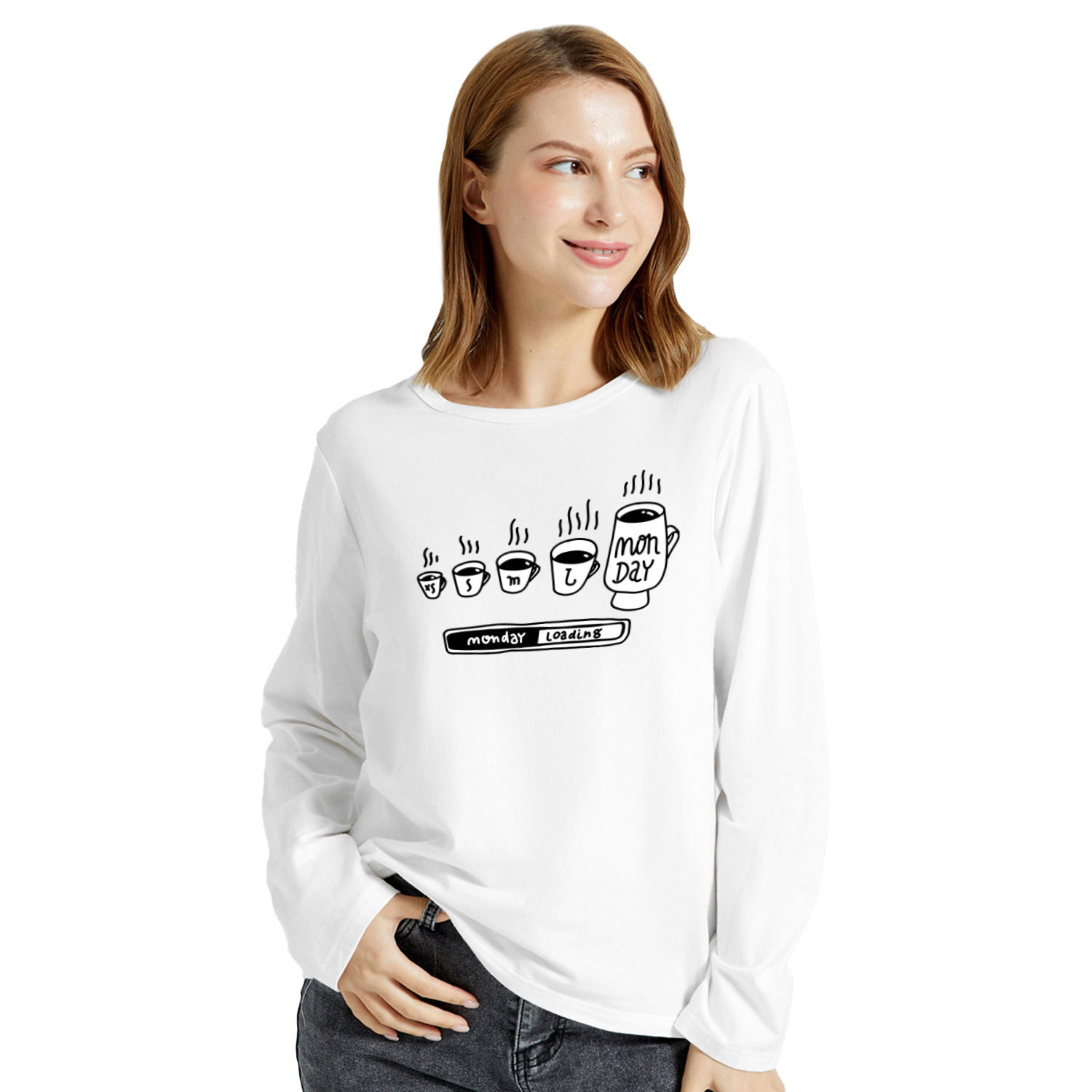 

Women Graphic Letter & Coffee Print Round-collar Long-sleeve Tee