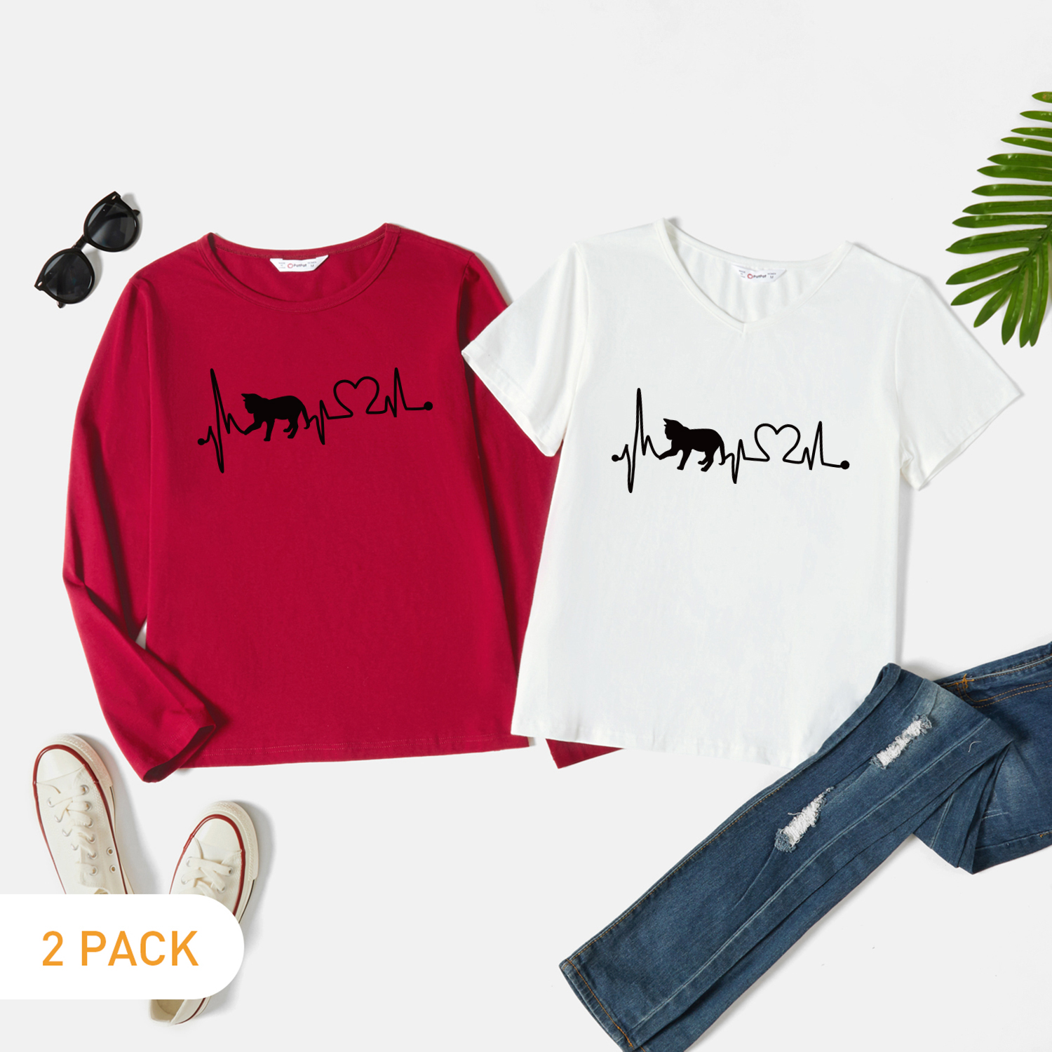 

2-Pack Women Graphic Cat & Heart Print Long & Short-sleeve Tee Set
