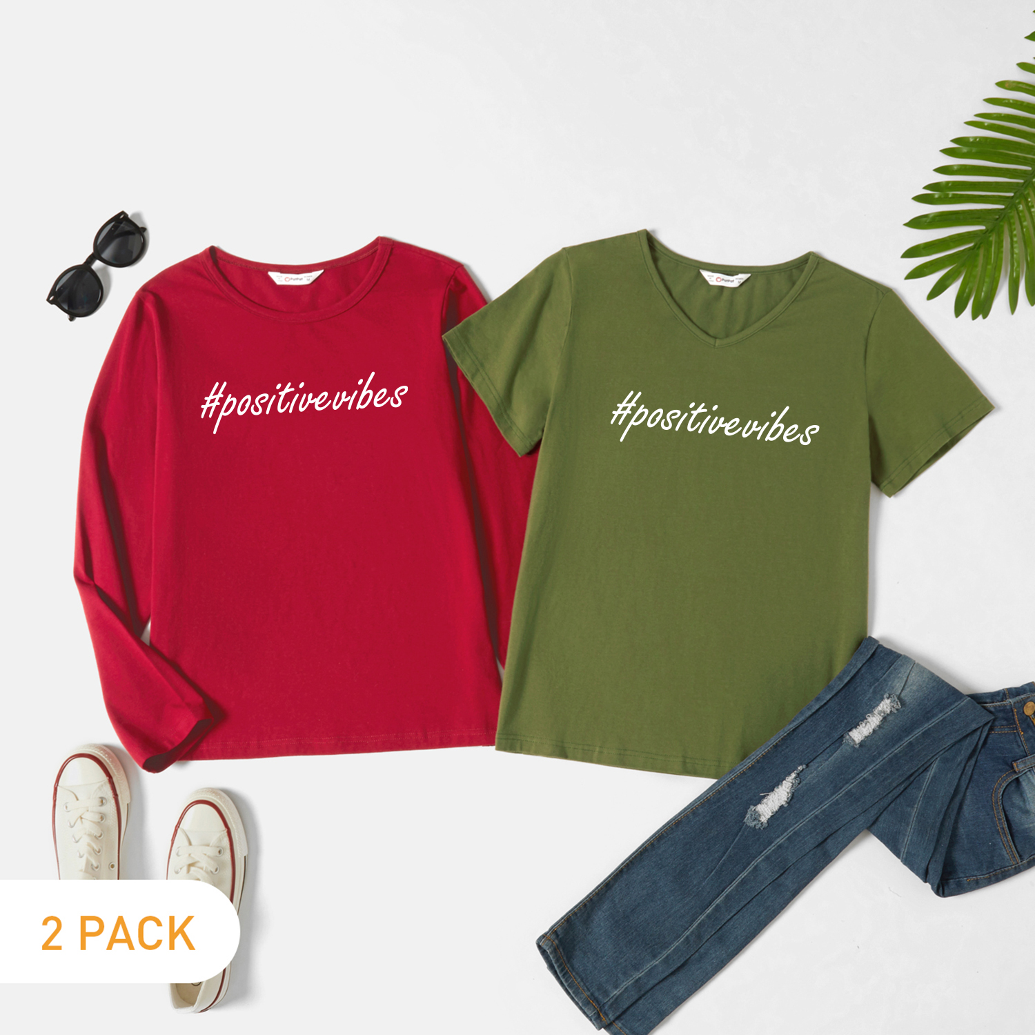 

2-Pack Women Graphic Letter print Long & Short-sleeve Tee Set