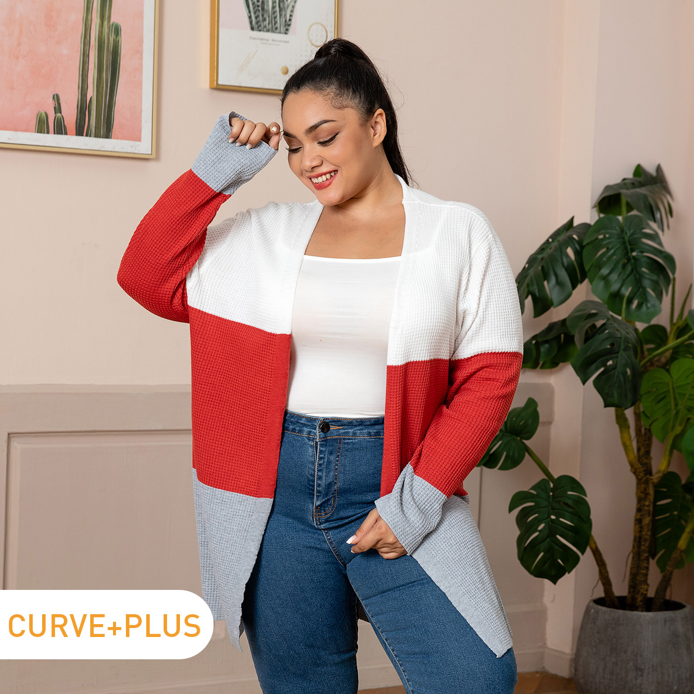

Women Plus Size Casual Open Front Colorblock Cardigan Jacket