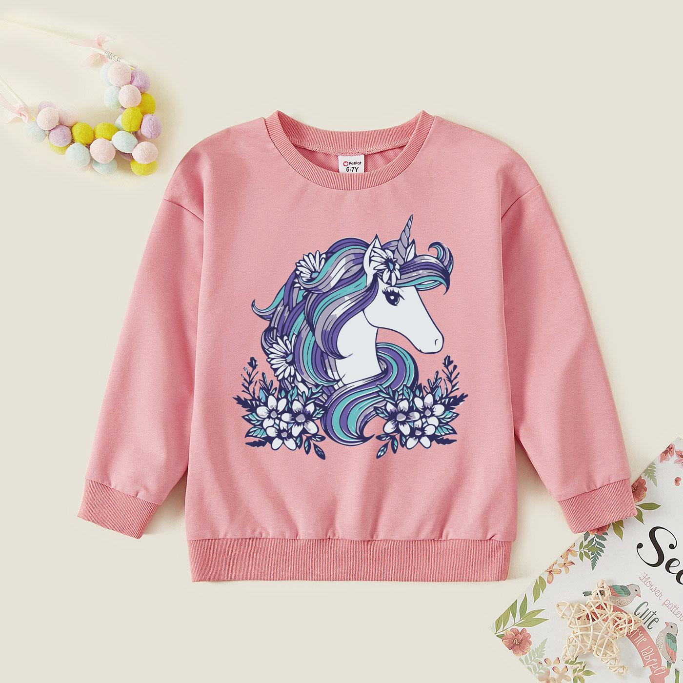 

Kid Girl Graphic Unicorn and Floral Print Long-sleeve Pullover