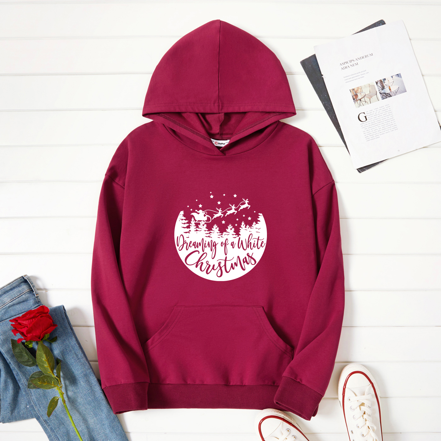 

Christmas Women Graphic Letter and Elk and Santa Print Long-sleeve Hooded Pullover