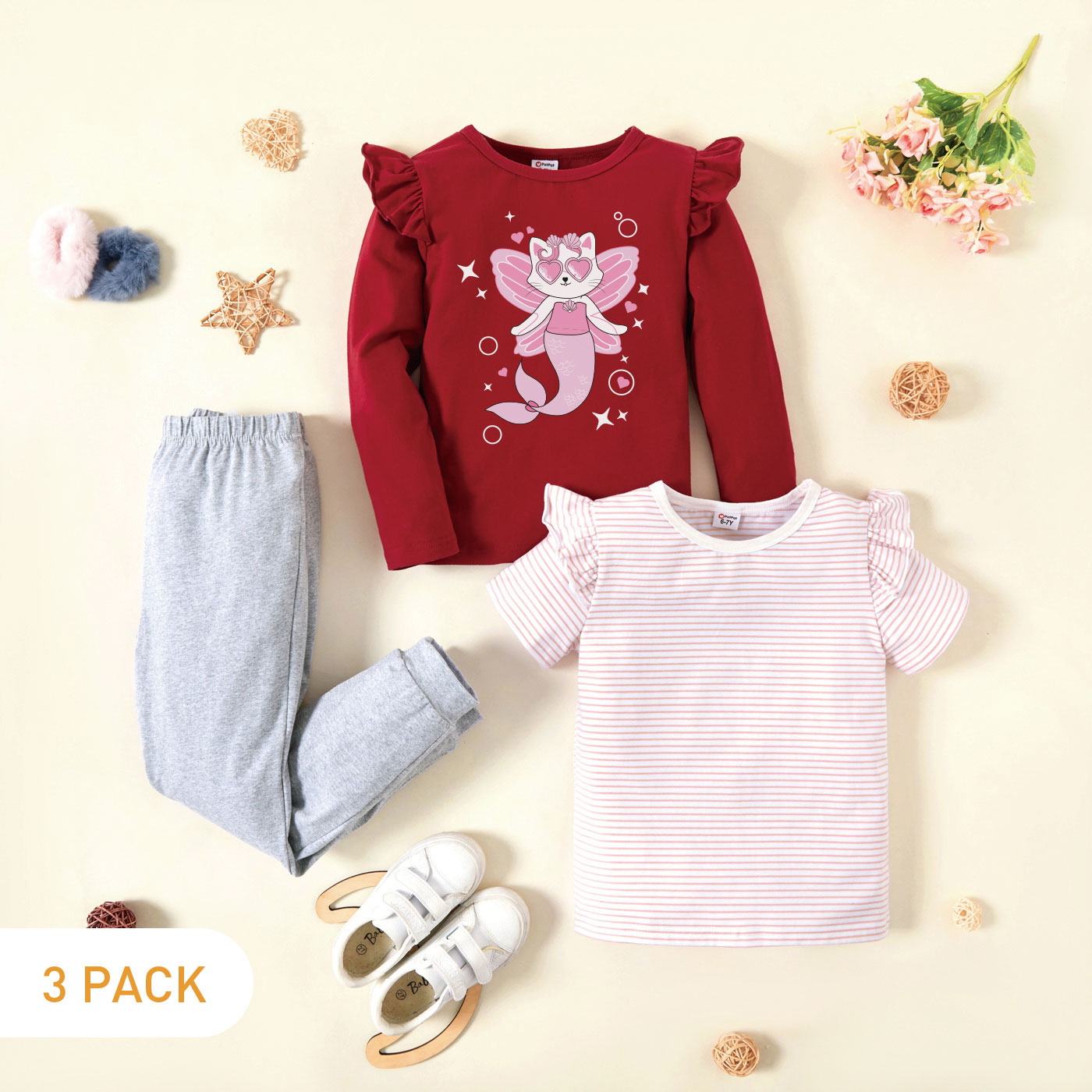 

3-Pack Kids Graphic Cat Print & Striped Tee Pants Set