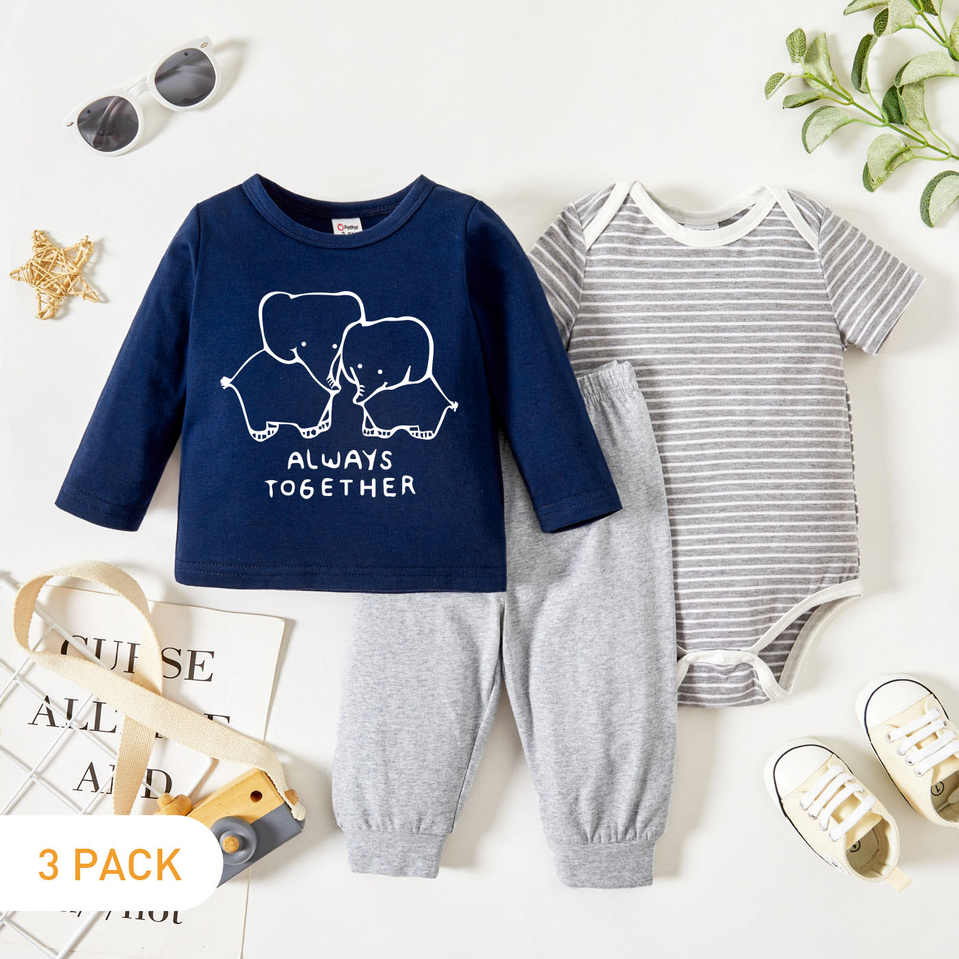 

3-Pack Baby Graphic Letter and Elephant Print Striped Romper Tee Pants Set