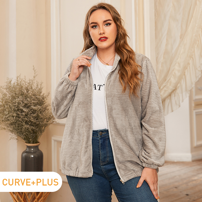 

Women Plus Size Casual Stand Collar Zipper Jacket