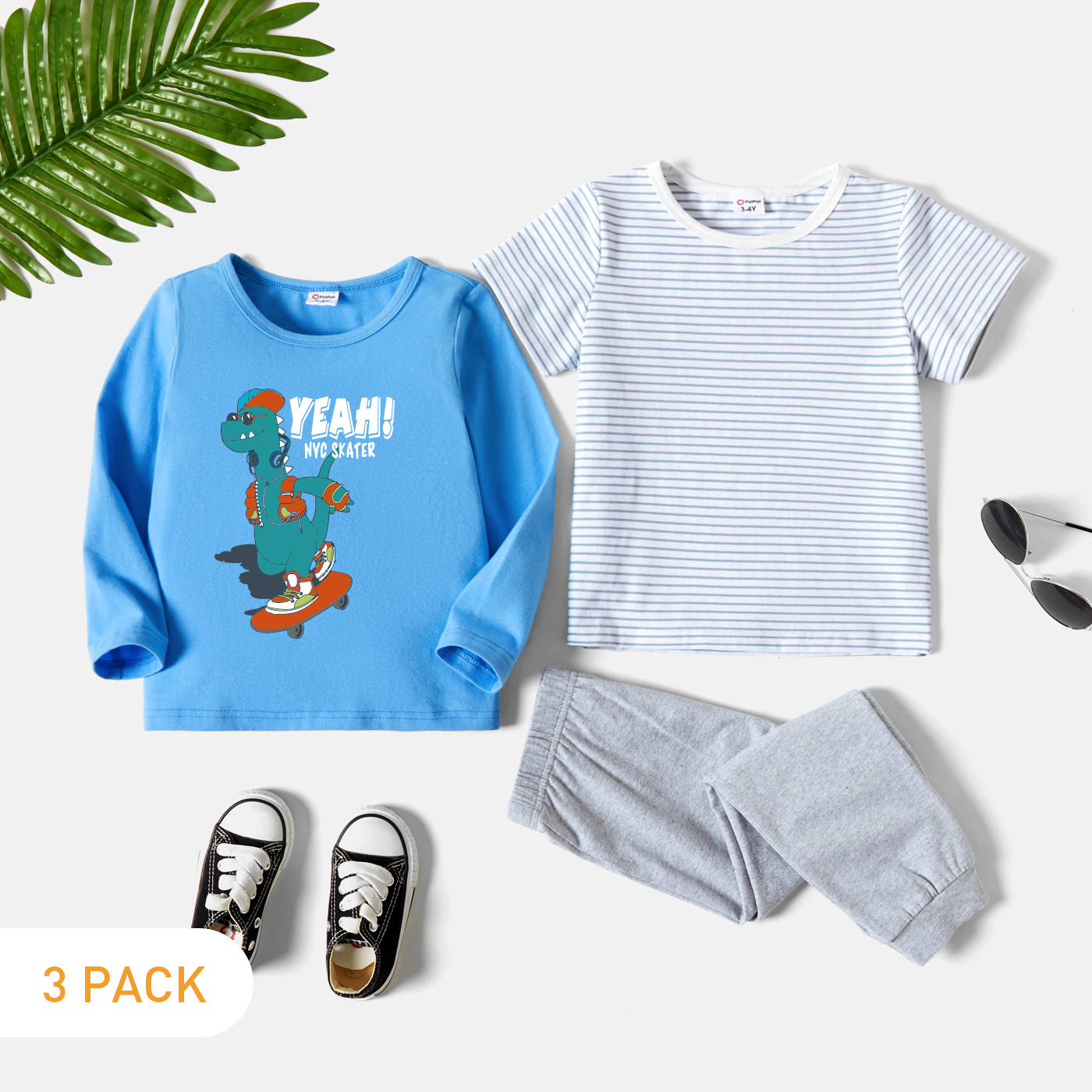 

3-Pack Toddler Boy Graphic Dinosaur Print Striped Tee & Pants Set