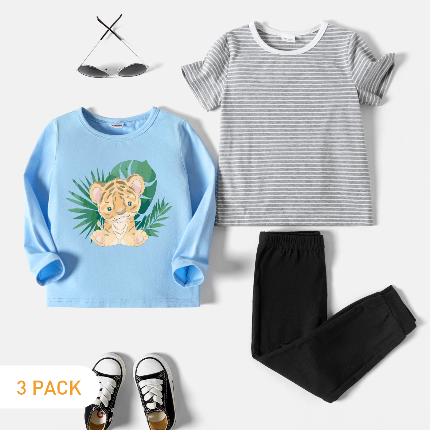 

3-Pack Toddler Boy Graphic Tiger Print Striped Tee & Pants Set