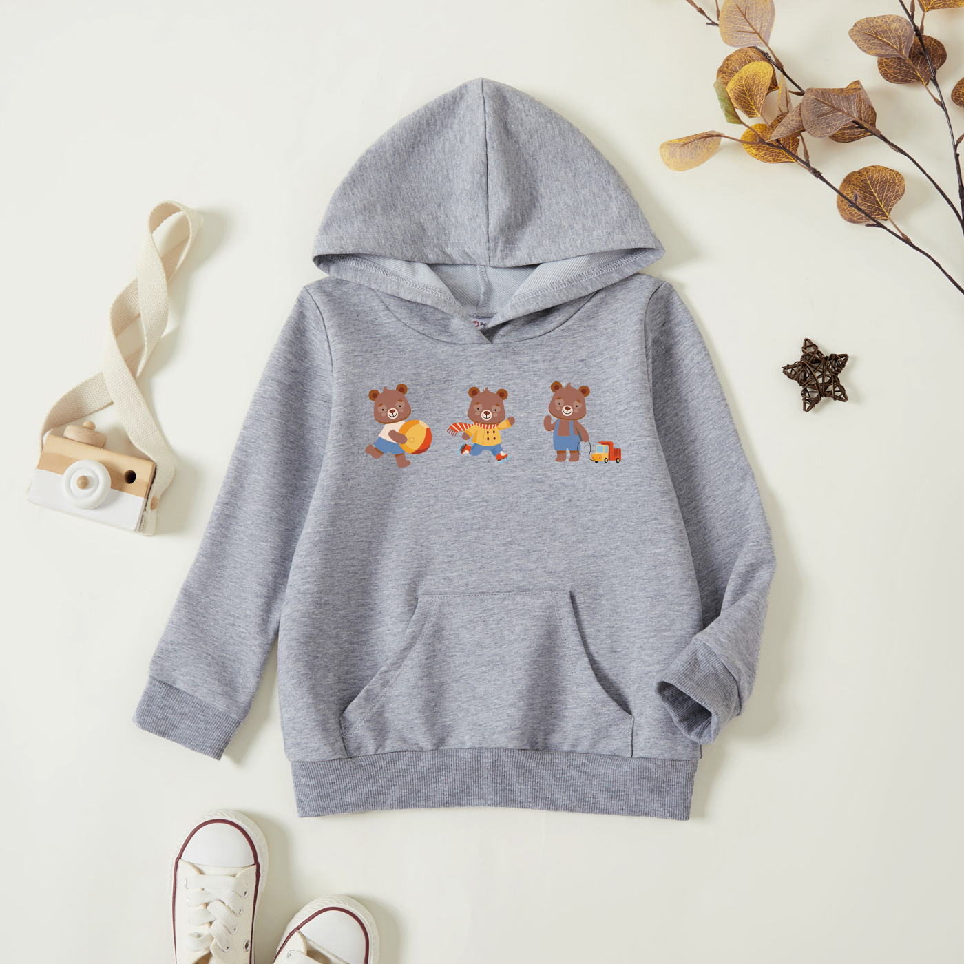 

Toddler Graphic Bear Print Long-sleeve Hooded Pullover