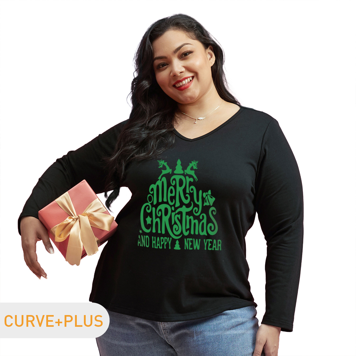 

Christmas Women Plus Size Graphic Letter Print V Neck Long-sleeve Tee