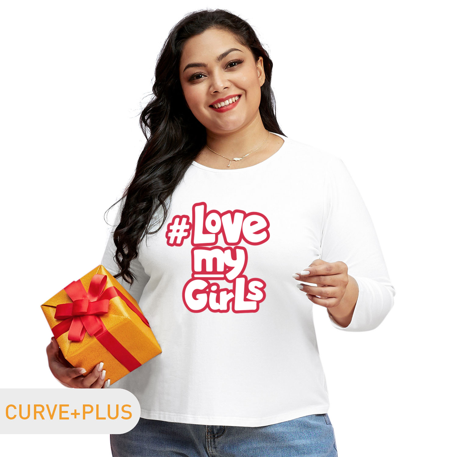 

Women Plus Size Graphic Letter Print Round Neck Long-sleeve Tee