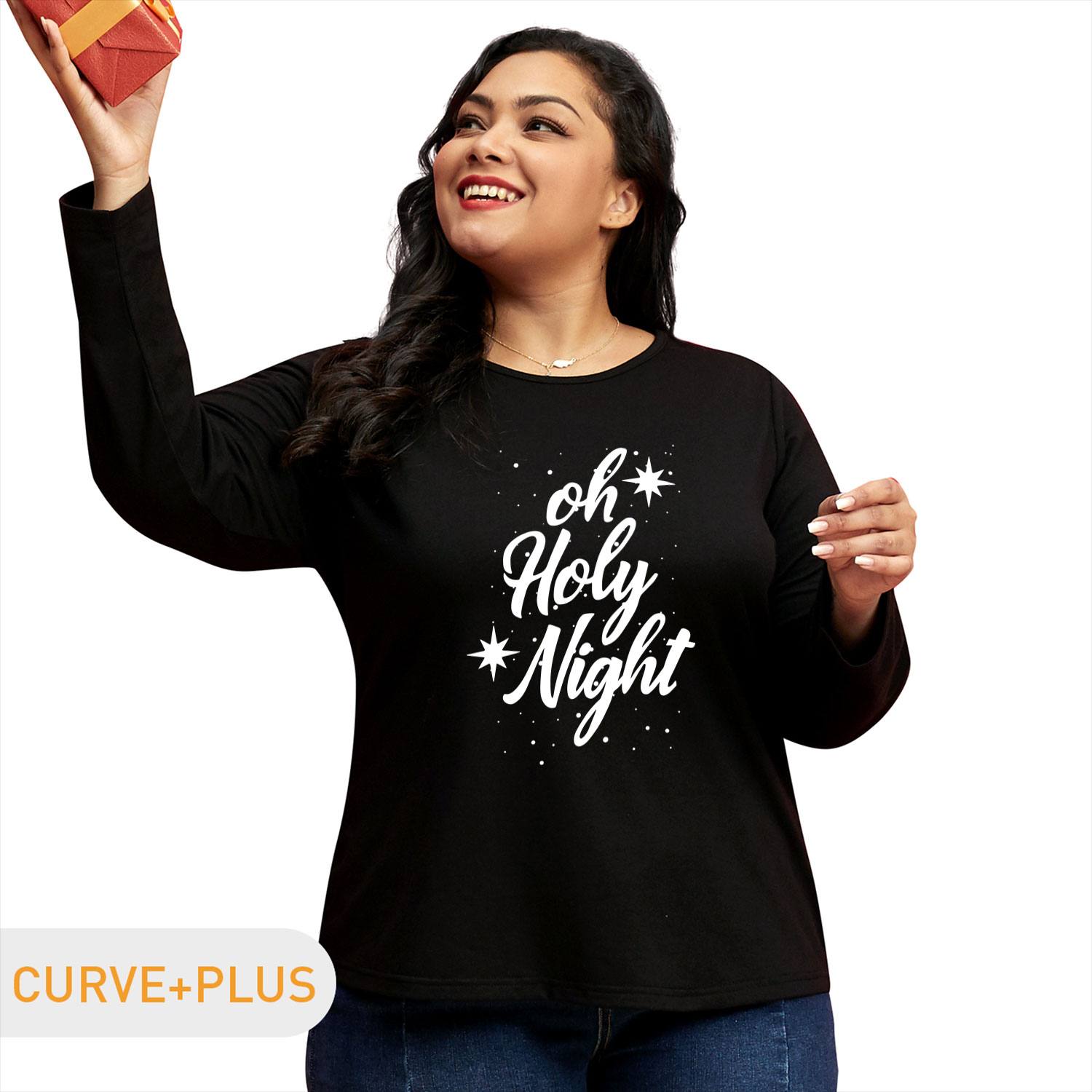 

Women Plus Size Graphic Stars and Letter Print Round Neck Long-sleeve Tee