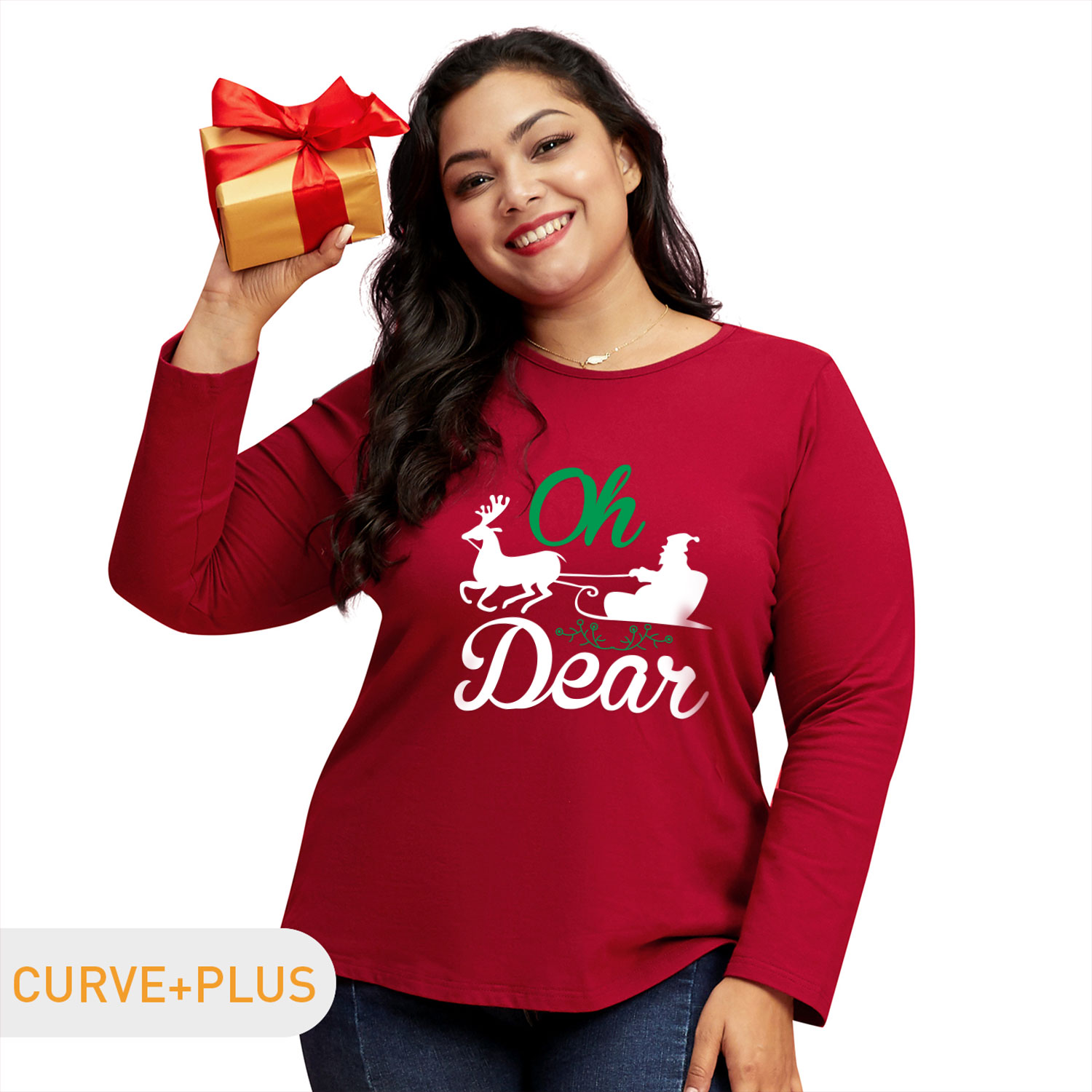 

Christmas Women Plus Size Graphic Reindeer and Letter Print Round Neck Long-sleeve Tee