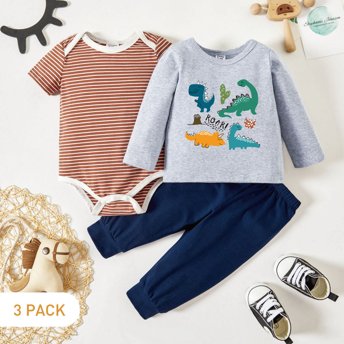 

3-Pack Baby Graphic Letter and Dinosaur Print Long-sleeve Tee & Striped Short-sleeve Romper & Pants Set