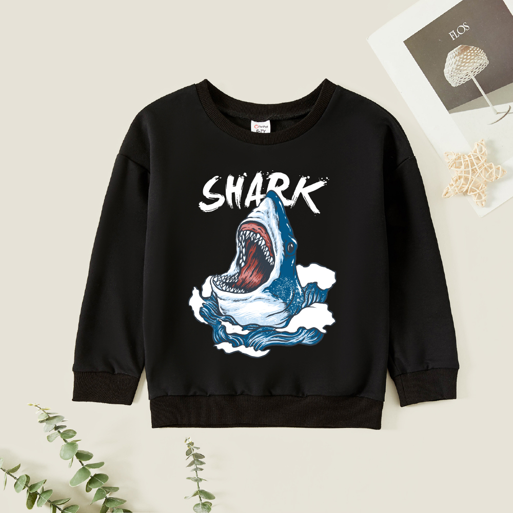 

Kid Boy Graphic Shark & Letter Print Long-sleeve Pullover