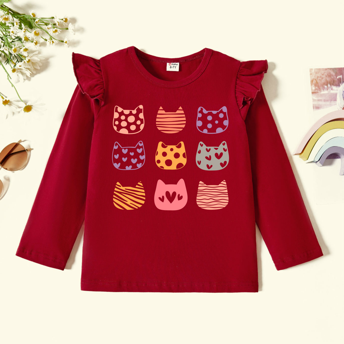 

Kid Girl Graphic Cat Print Ruffled Long-sleeve Tee