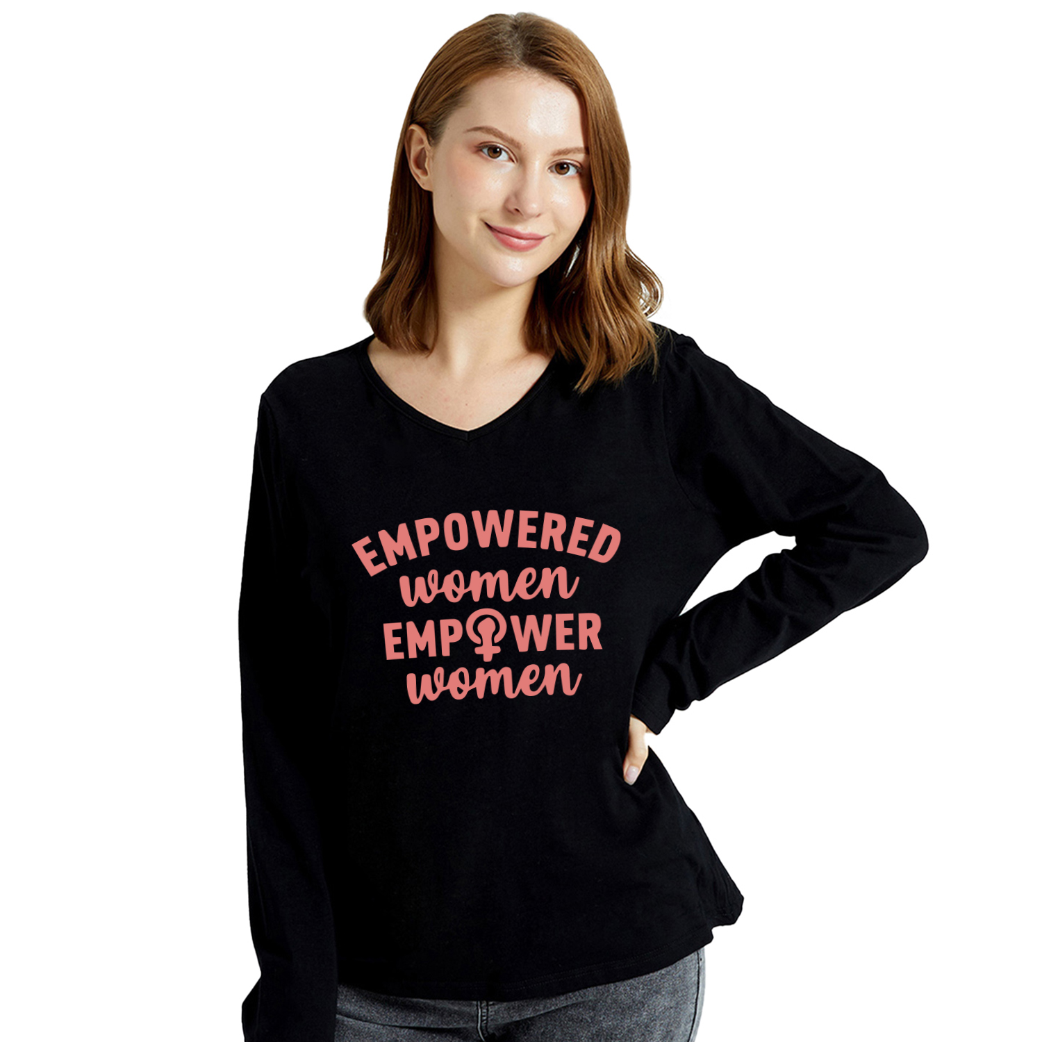 

Woman Letter Print Long-sleeve V Neck Tee