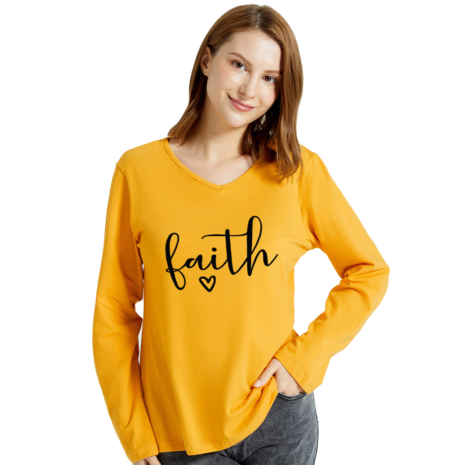 

Women Graphic Letter and Heart Print V Neck Long-sleeve Tee