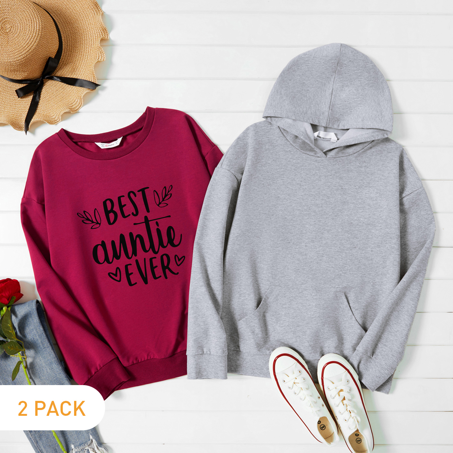

2-Pack Women Graphic Letter and Heart-shaped Print Long-sleeve Pullover & Hooded Pullover Set