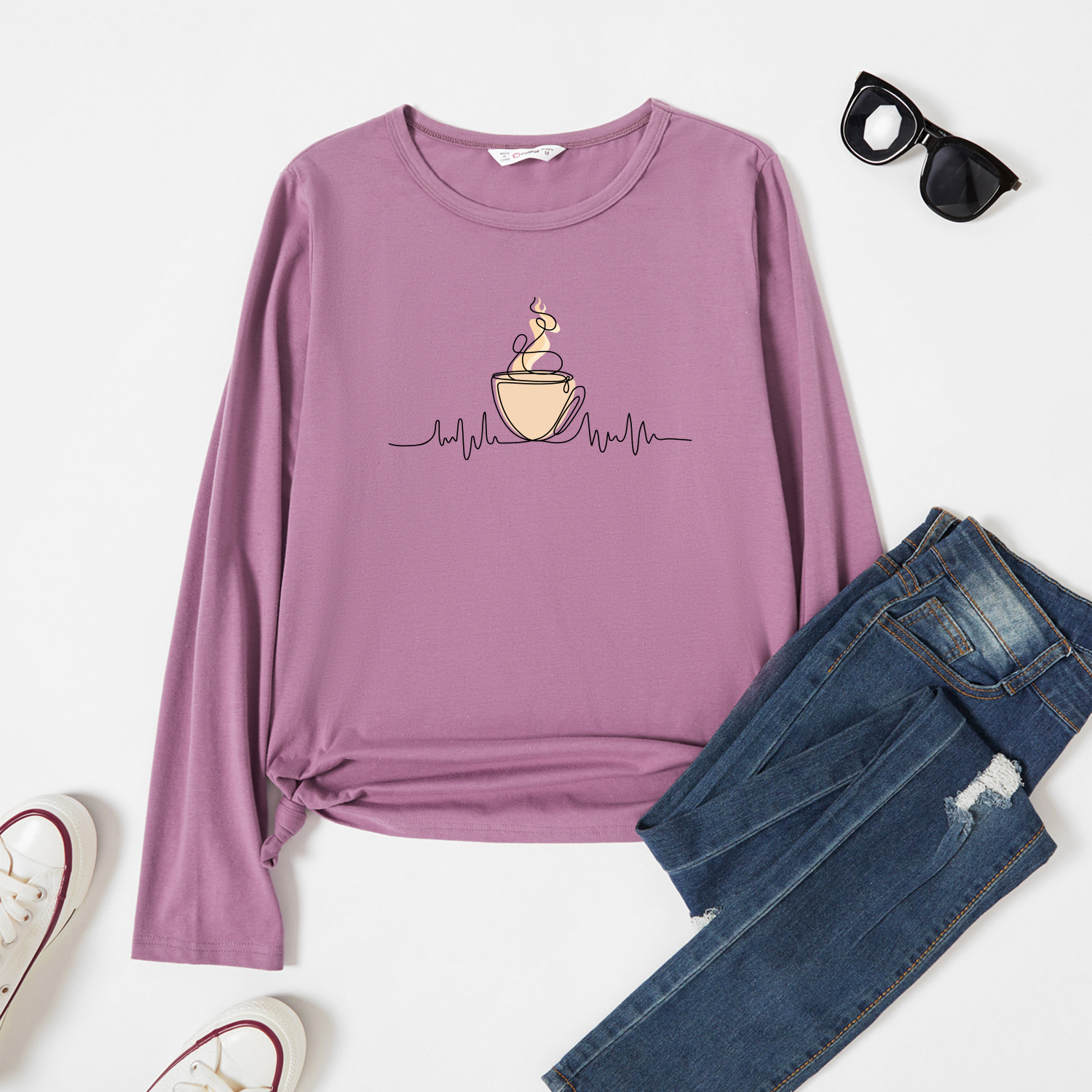 

Woman Coffee Print Long-sleeve Round-collar Tee