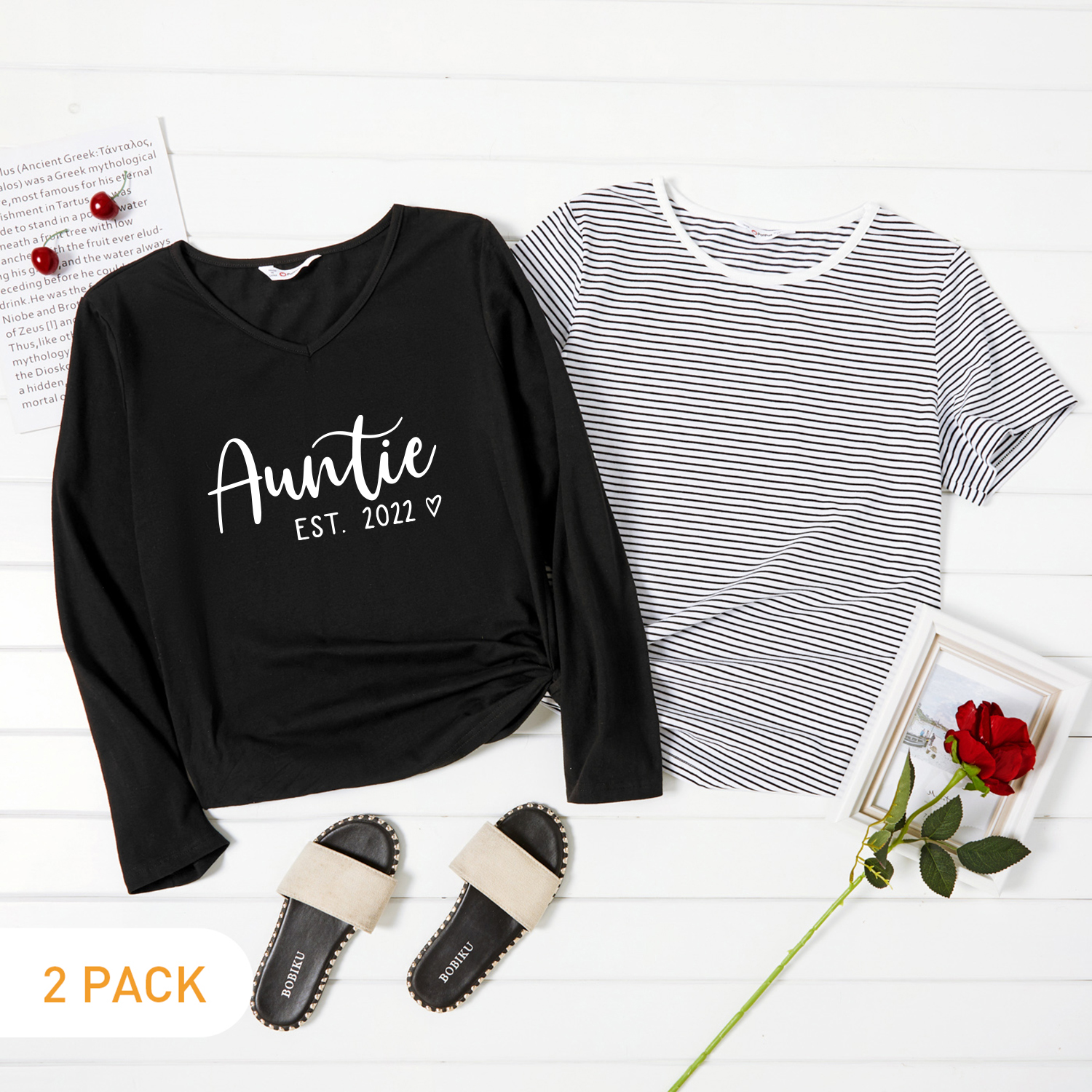 

2-Pack Woman Letter & Number Print & Striped Tee Set