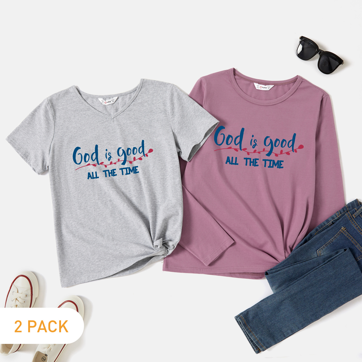 

2-Pack Women Graphic Letter Print Long-sleeve & Short-sleeve Tee Set
