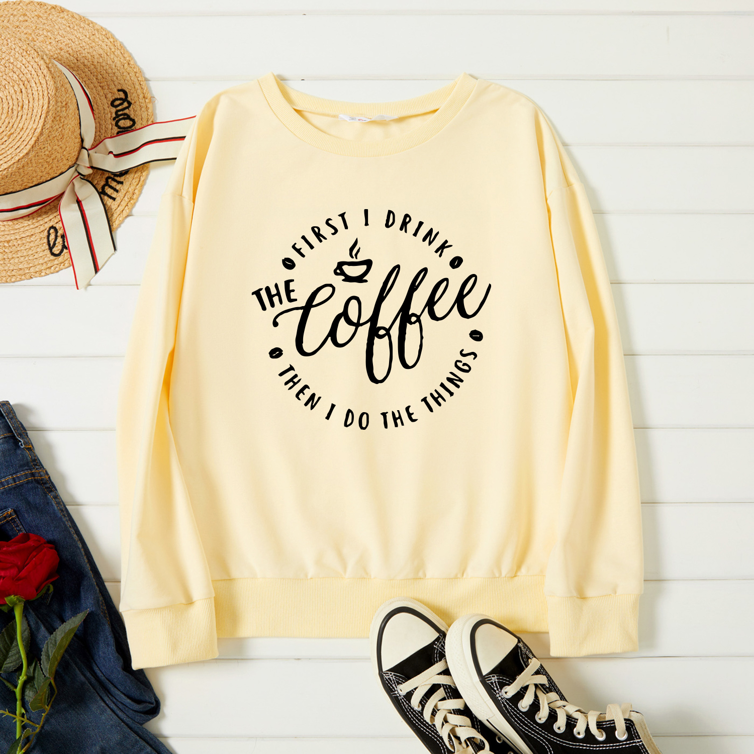 

Woman Letter & Coffee Print Long-sleeve Pullover