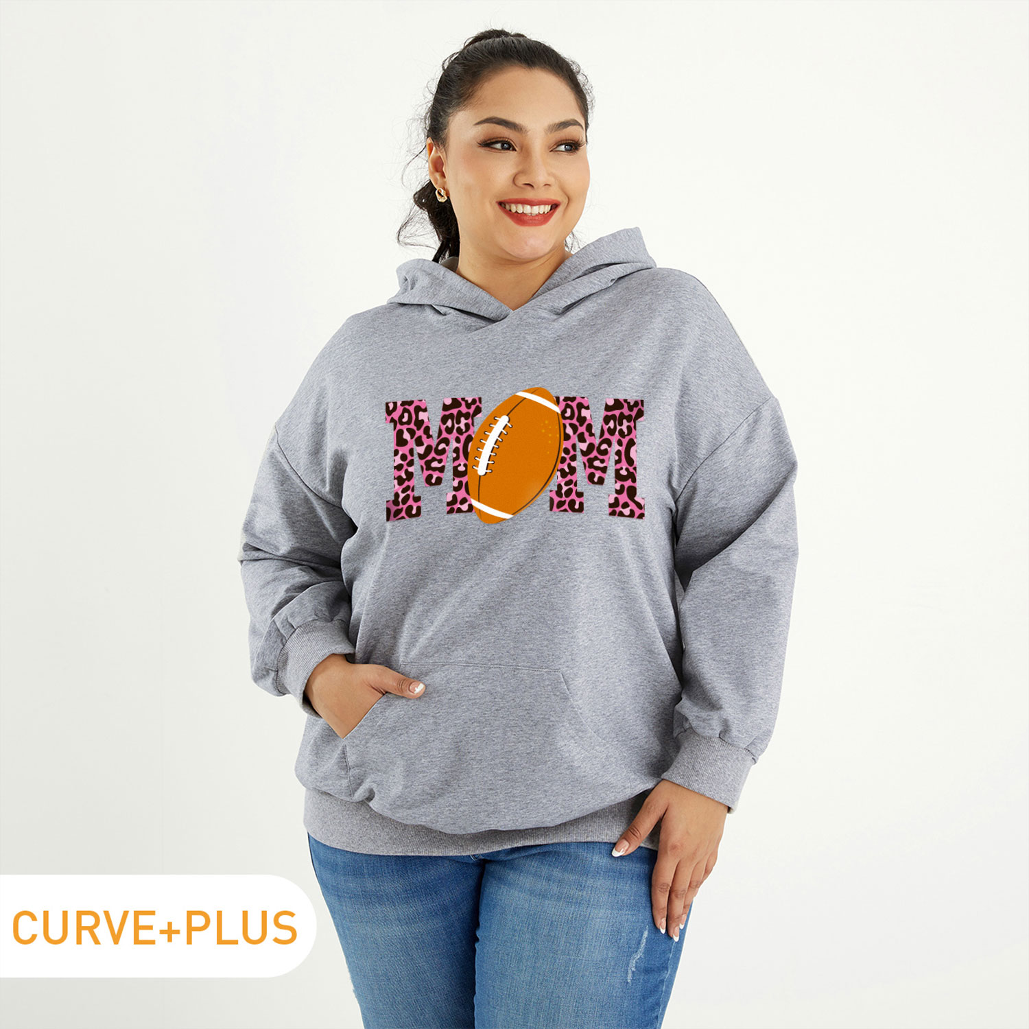 

Women Plus Size Graphic Letter and Football Print Long-sleeve Hooded Pullover