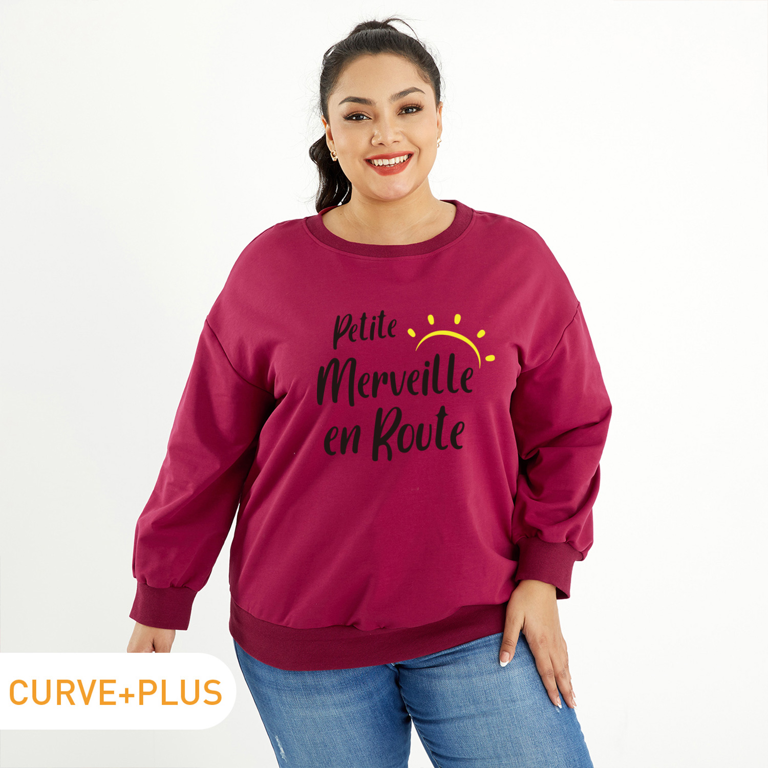 

Women Plus Size Graphic Letter Print Round-collar Long-sleeve Pullover