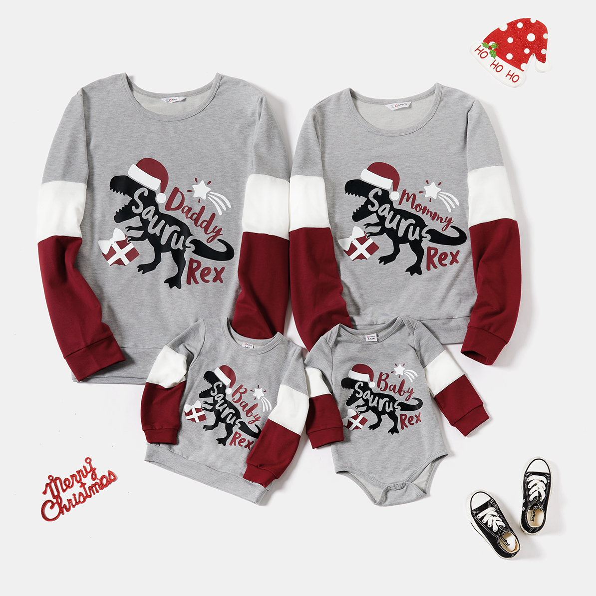 

Christmas Dinosaur and Letter Print Family Matching Color Block Long-sleeve Sweatshirts
