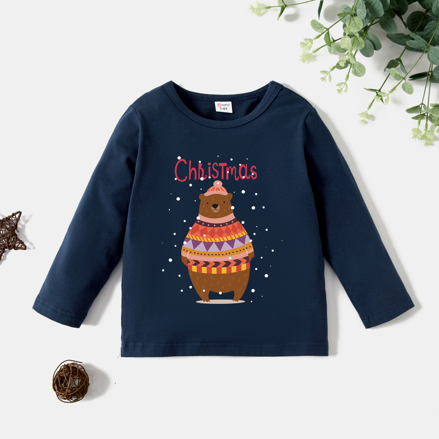 

Christmas Toddler Graphic Bear and Snow and Letter Print Long-sleeve Tee