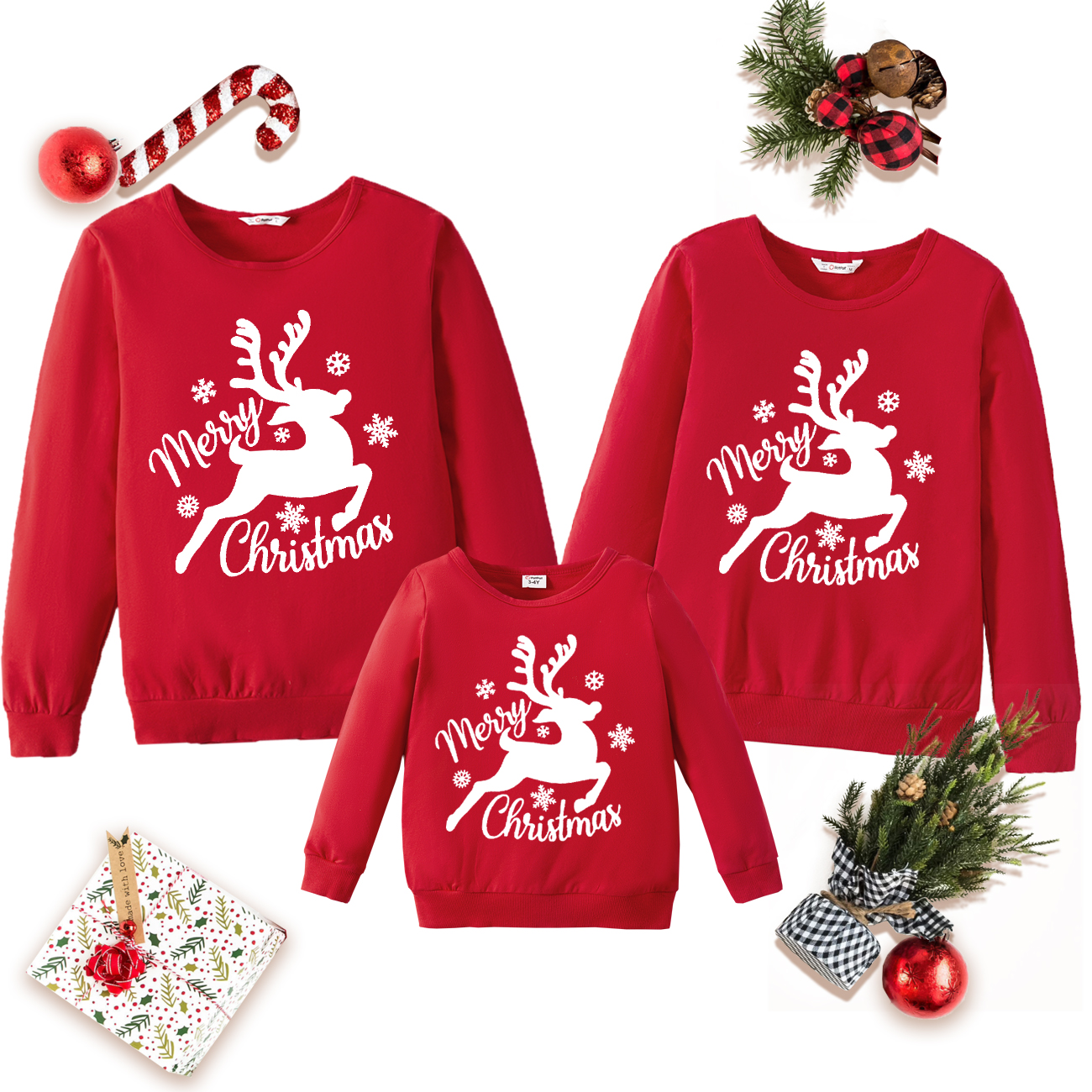 

Christmas Reindeer and Letter Print Red Family Matching 100% Cotton Long-sleeve Sweatshirts