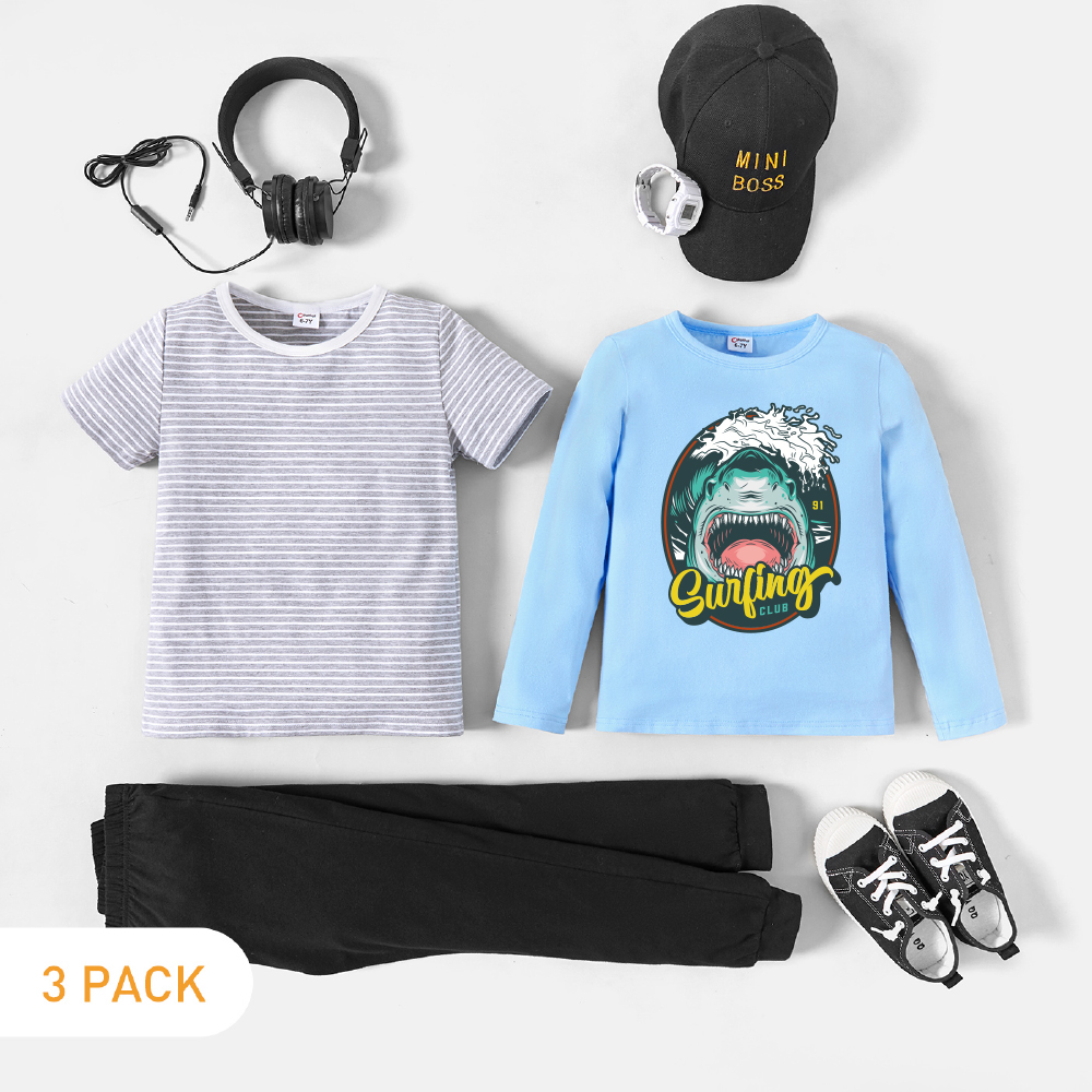

3-Pack Kid Boy Graphic Shark and Letter Print Long-sleeve Tee & Striped Short-sleeve Tee & Pants Set