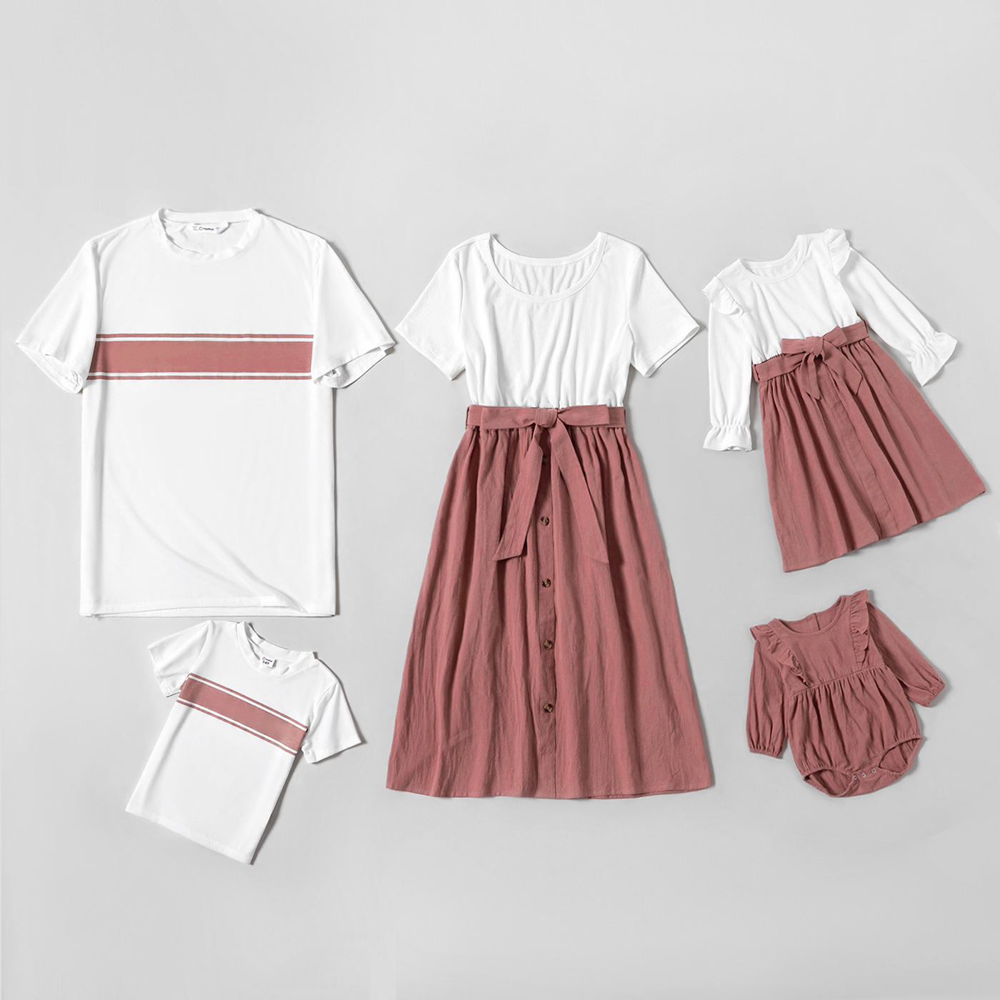 

100% White and Pink Splice Print Cotton Family Matching Sets(Short-sleeve Belted Midi Dresses and T-shirts)