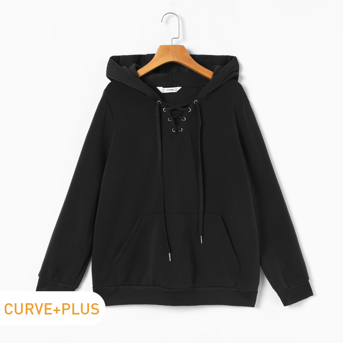 

Women Plus Size Casual Eyelet Lace-up Black Hoodie Sweatshirt