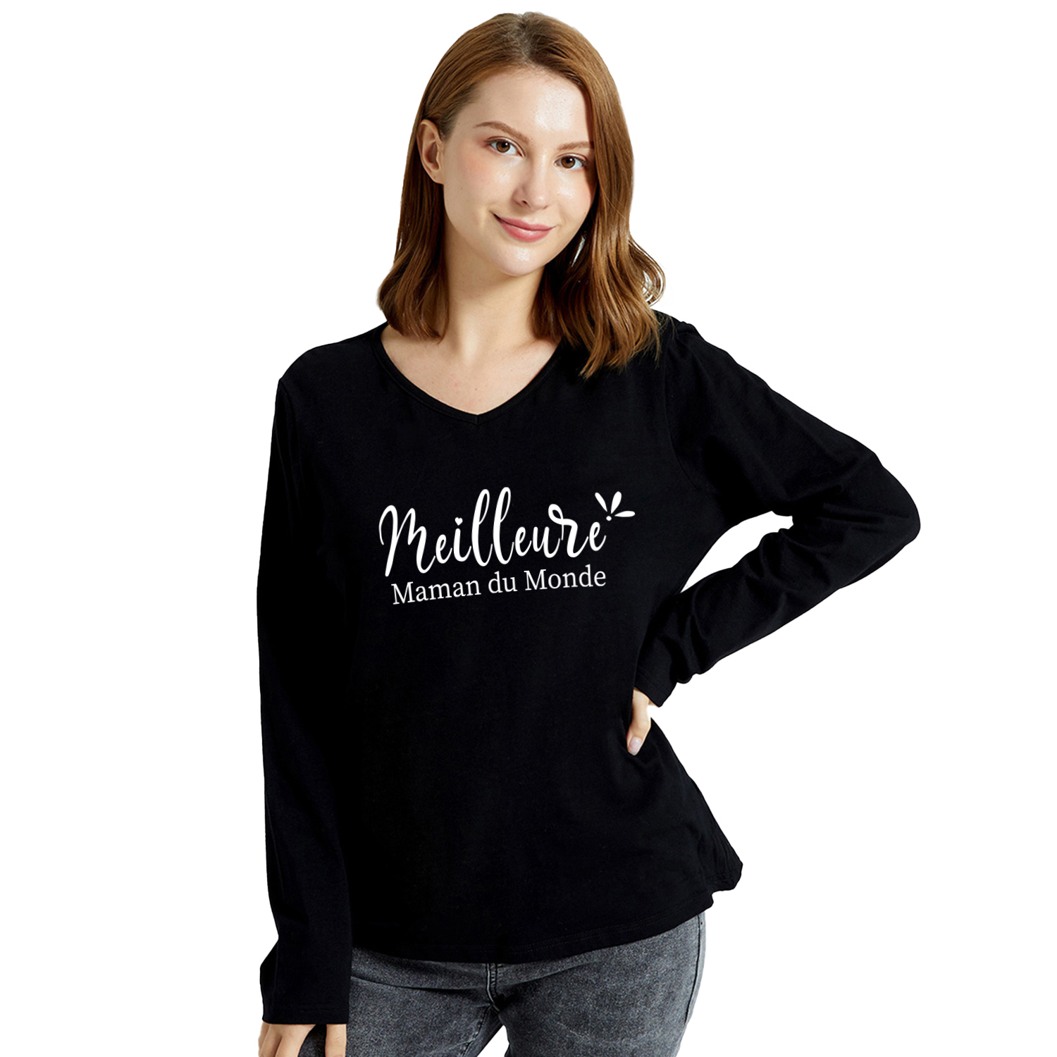 

Women Graphic Letter Print V Neck Long-sleeve Tee