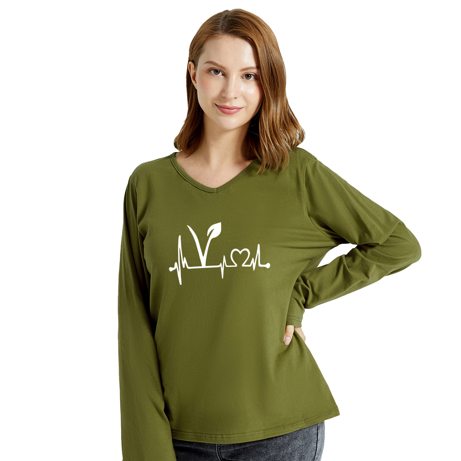 

Woman Heart & Plant Print Long-sleeve V Neck Tee