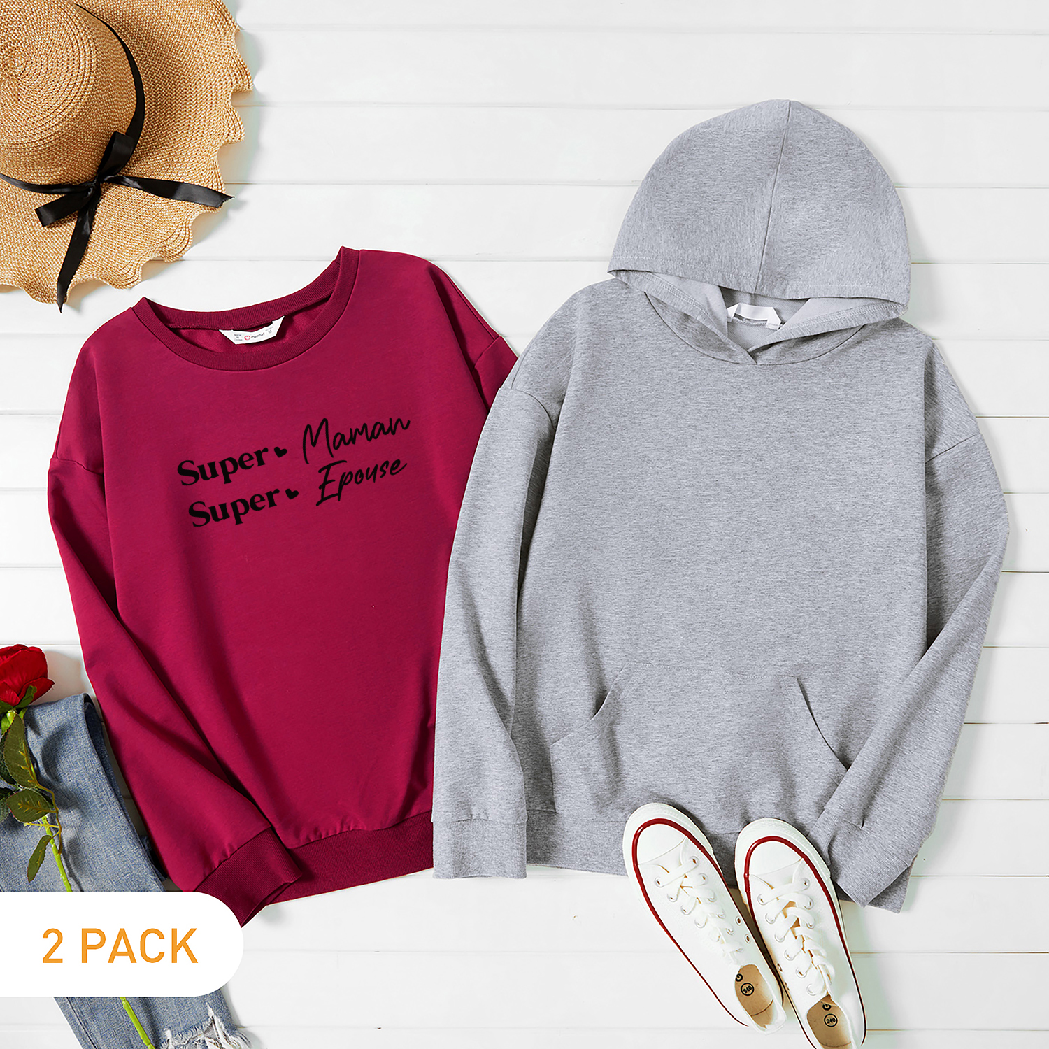 

2-Pack Women Graphic Letter Print Long-sleeve Pullover & Hooded Pullover Set
