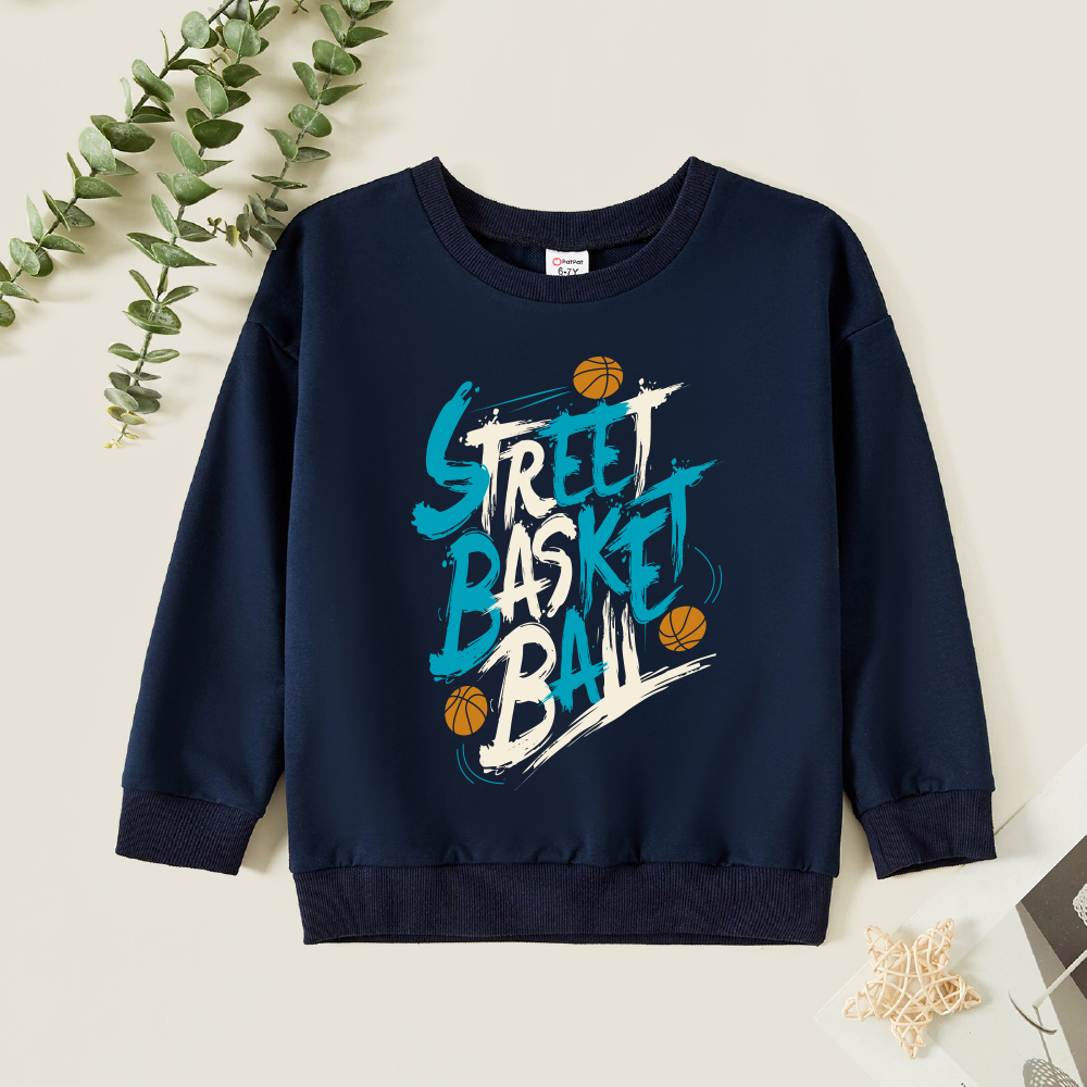 

Kid Boy Graphic Letter and Basketball Print Long-sleeve Pullover