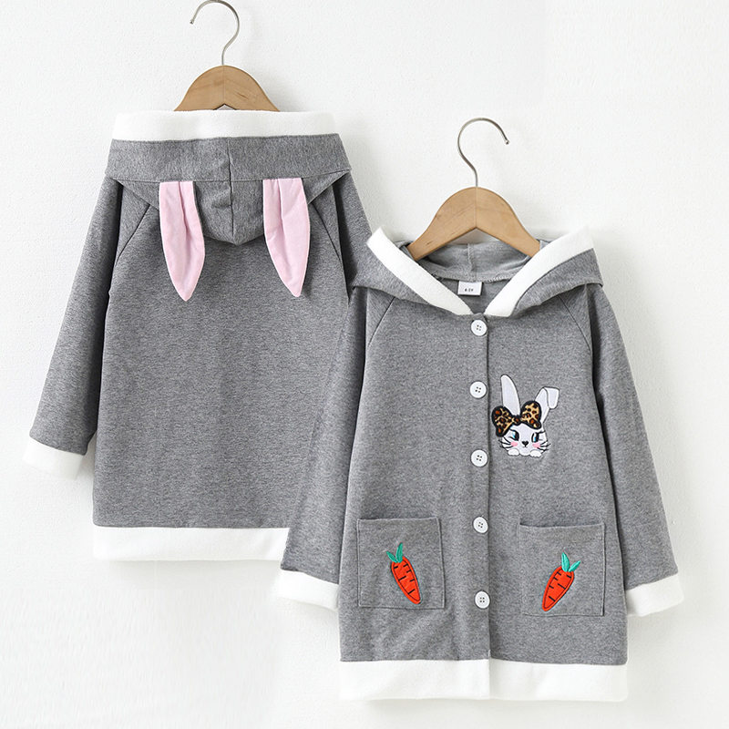 

Kid Girl 100% Cotton Rabbit Carrot Embroidered Ear Design Hooded Coat Jacket