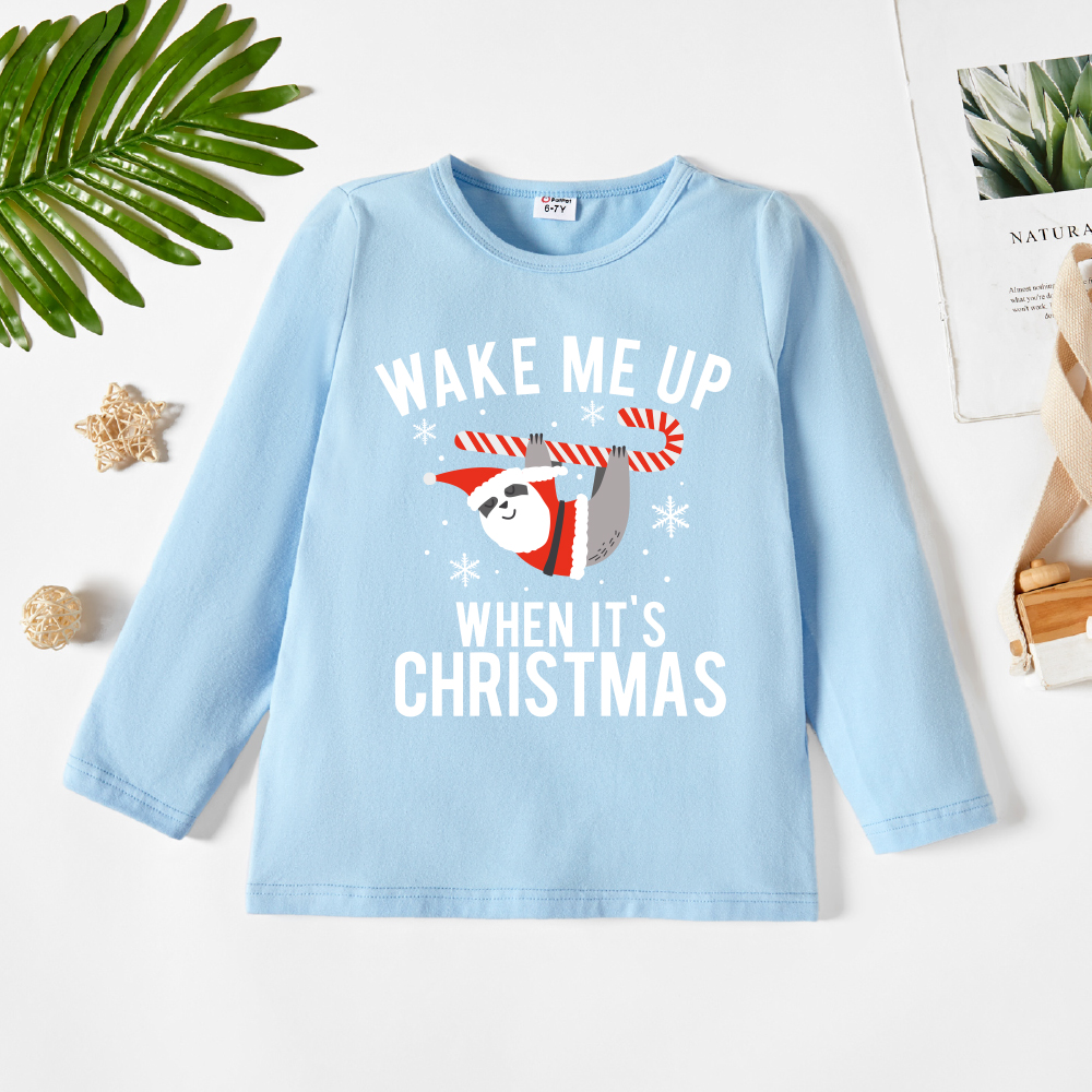 

Christmas Kid Graphic Sloth and Letter and Snowflake Print Long-sleeve Tee