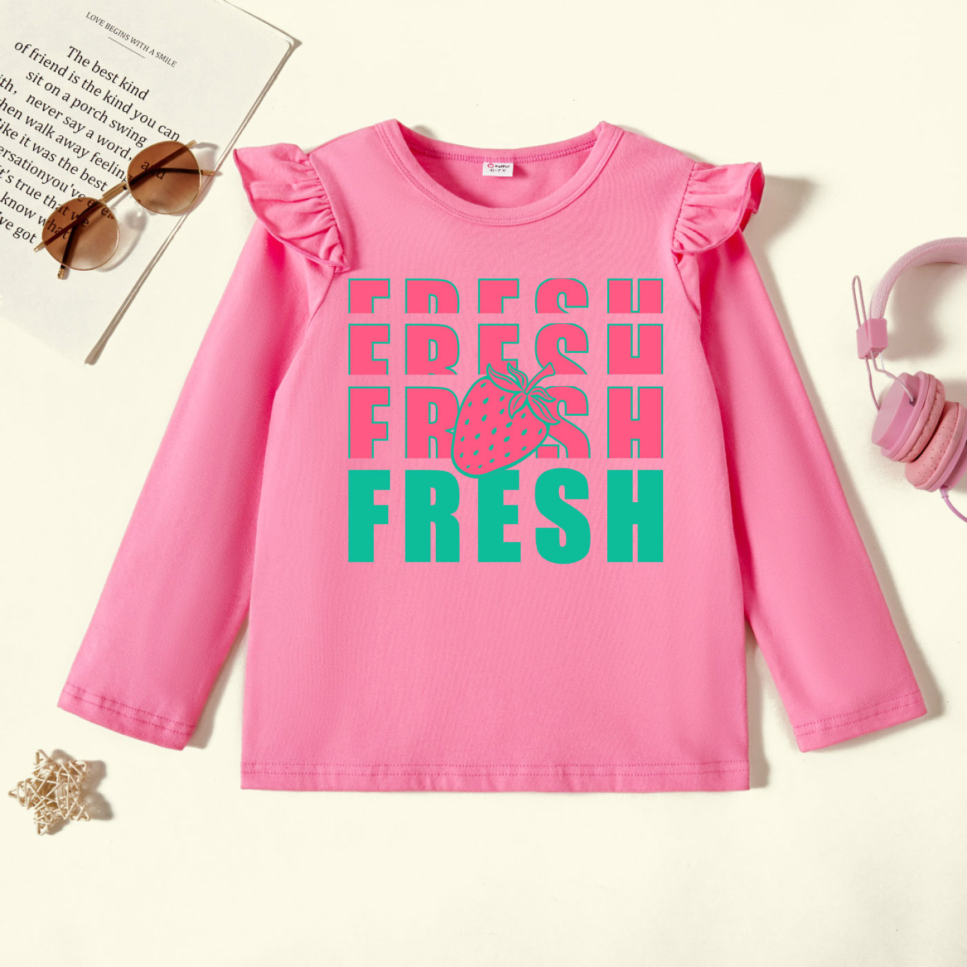 

Kid Girl Graphic Strawberry and Letter Print Ruffled Long-sleeve Tee