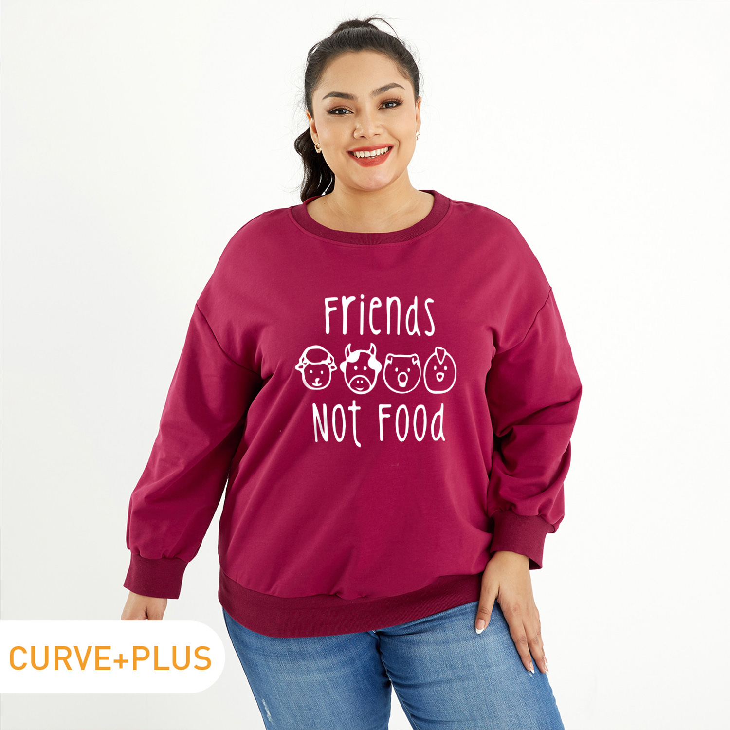 

Women Plus Size Graphic Letter and Animal Print Round Neck Long-sleeve Pullover