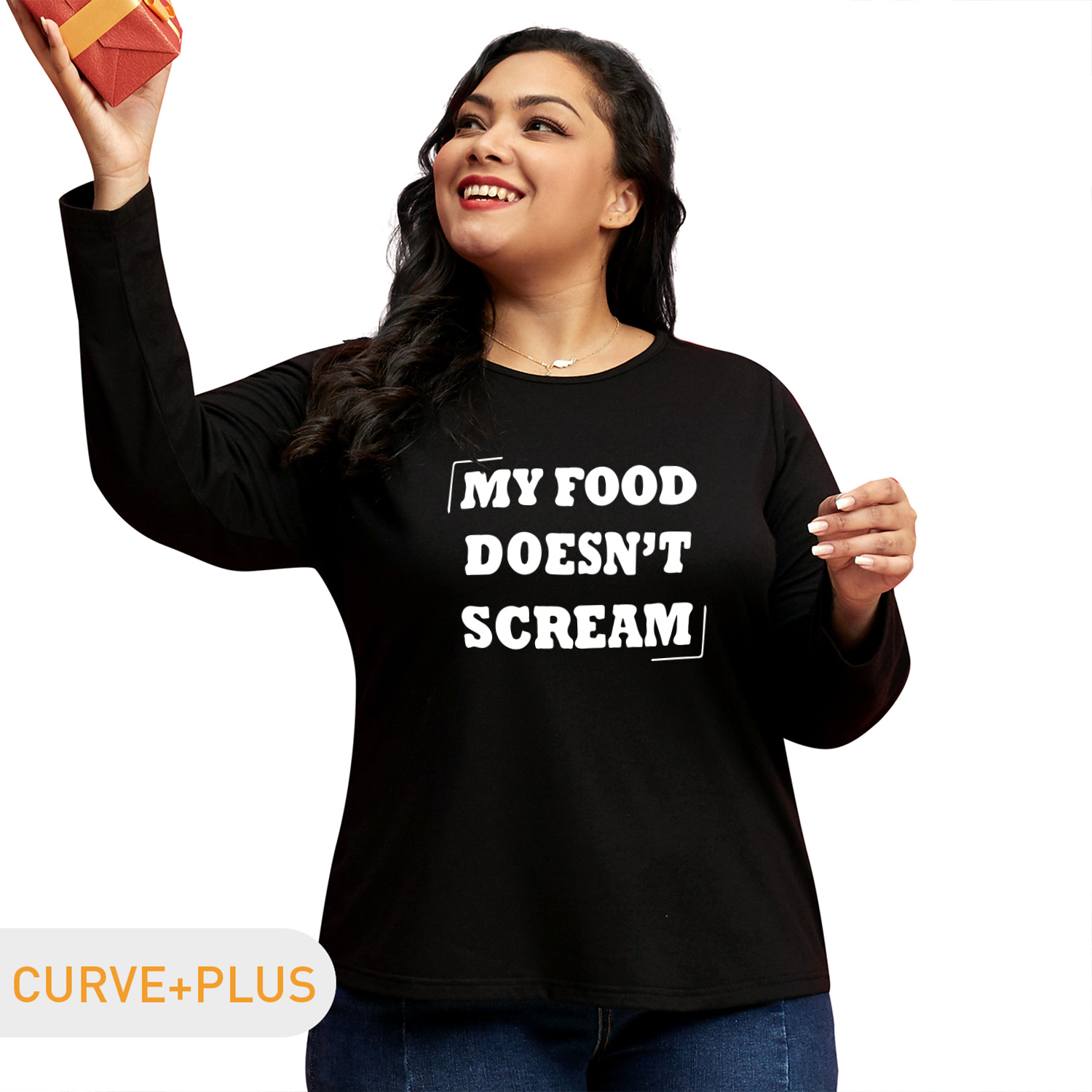 

Women Plus Size Graphic Letter Print Round Neck Long-sleeve Tee