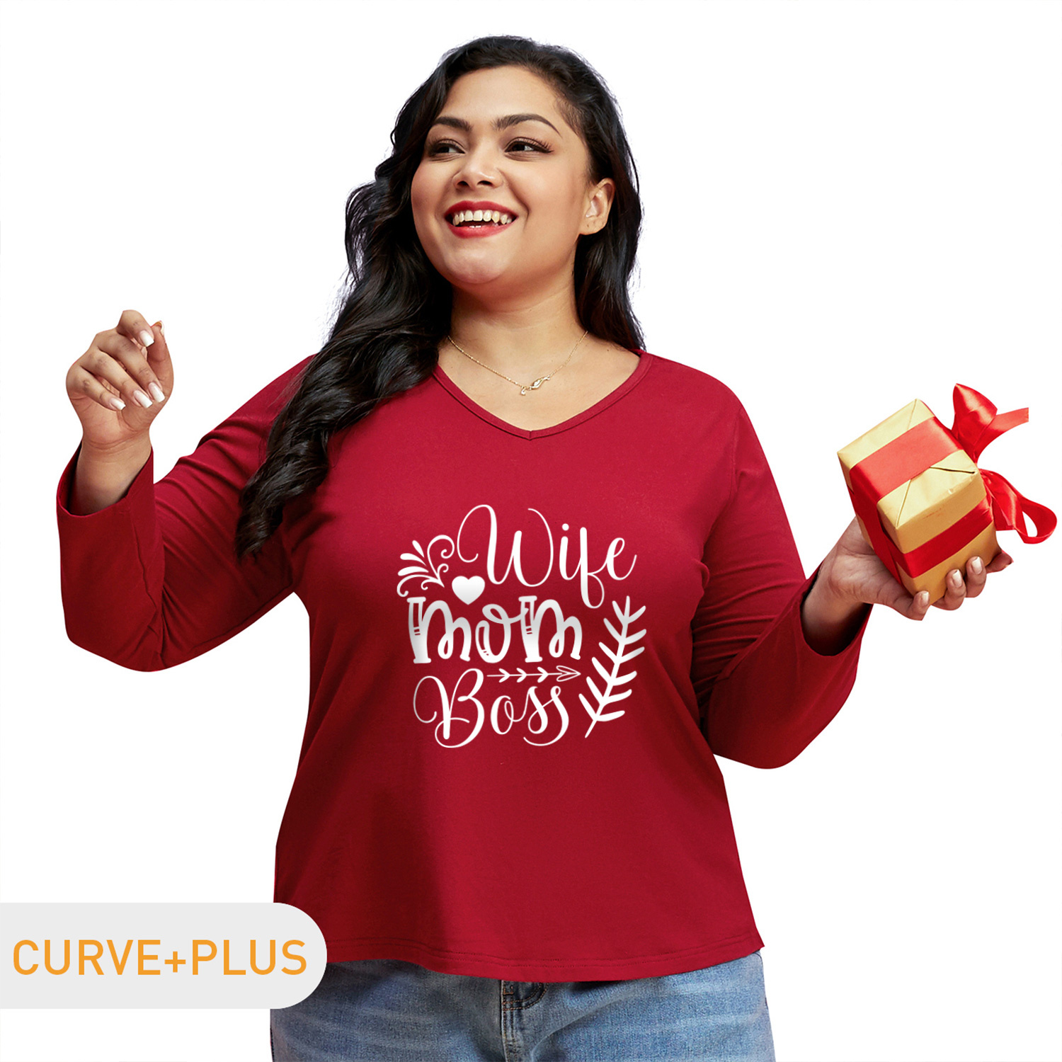 

Women Plus Size Graphic Letter and Heart Print V Neck Long-sleeve Tee